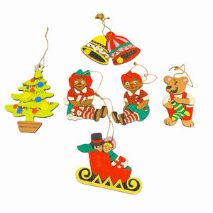 Vtg Christmas Ornament Set Of 6 Hand‎ Painted Wood Made In USA 1970s Signed 1974